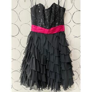 VTG Betsey Johnson Y2K Silk Mini Dress 2 Black Strapless Dark Fairy Ruffle Prom